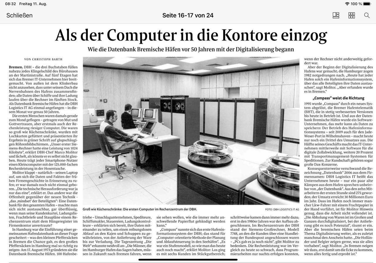 Zeitungsartikel Weser Kurier vom 11. August 2023 zum 50 jährigen dbh Firmenjubeläum