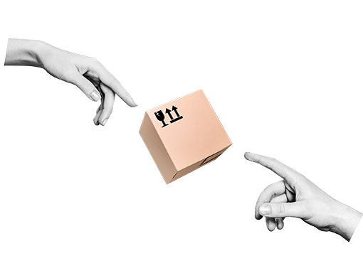 Two fingers pointing to a shipping carton in the middle.