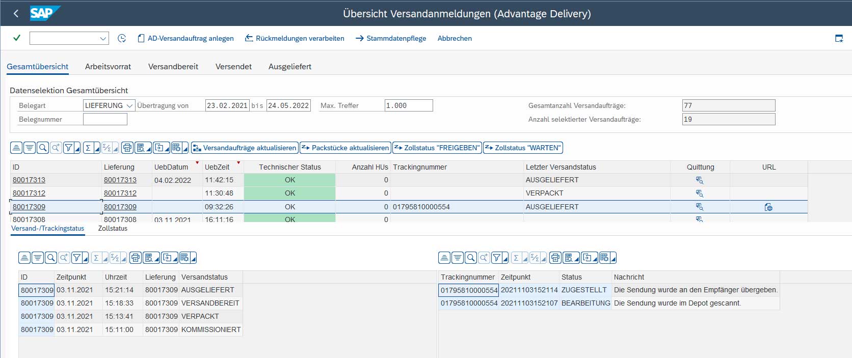 SAP Shipping Plugin Screenshot: Overview shipping declarations