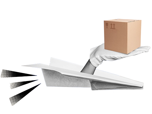 Paper airplane with a hand presenting a shipping carton