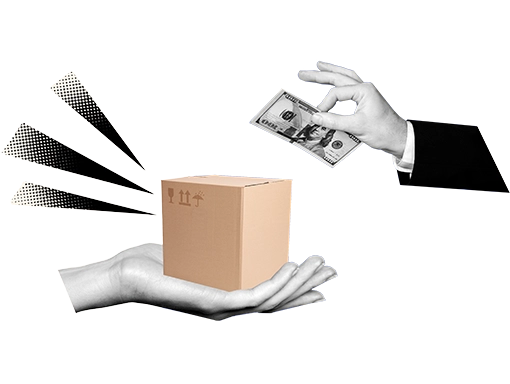 Hand with a banknote, handing the banknote to an open hand with a shipping box.